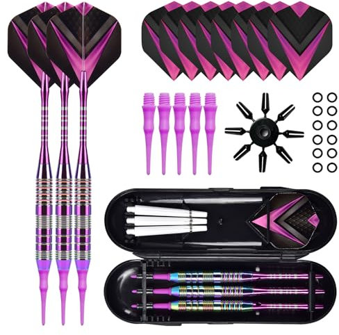 Recitem 3/6 Stück Dartpfeile mit Kunststoffspitze, Soft Darts Pfeile Set,21g Profi Softdarts dartpfeil mit zusätzlichen Dartspitzen Gummiringen Flügen Wellen für Elektronische Dartscheibe (3 Lila)