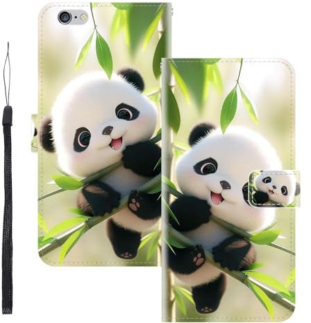 WUACYEAMING für iPhone 6 / 6S Hülle Premium PU Leder Flip Klappbare Stoßfeste Magnetische Schutzhülle Tasche mit Kartenfach Geld Slot Ständer Panda