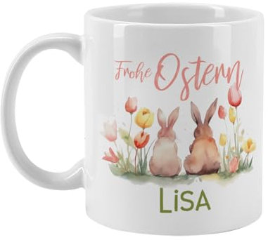 Herz & Heim® Ostergeschenk Tasse mit Wunschname - verschiedene Motive (Frohe Ostern)