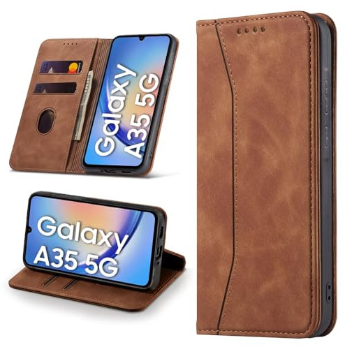 Leaisan Handyhülle für Samsung Galaxy A35 5G Hülle Premium Leder Flip Klappbare Stoßfeste Magnetische [Standfunktion] [Kartenfächern] Schutzhülle für Samsung A35 5G Tasche - Braun
