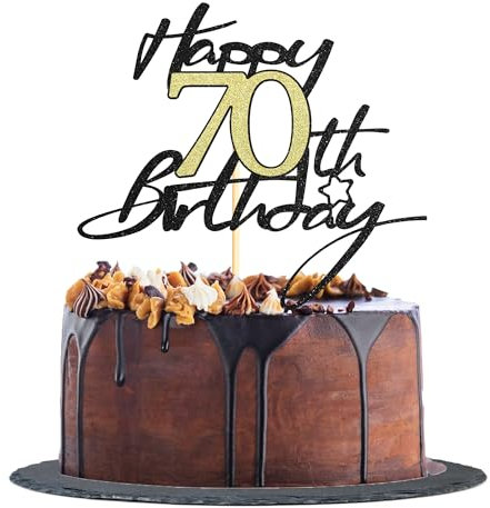 Sotpot 1 Pack 70th Birthday Cake Topper Black Gold Glitter Birthday Cake Decorations for 70th Birthday Theme Party Cake Decorations Supplies