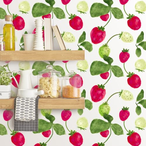Funlife Obst Tapete PVC Wanddeko Folie Selbstklebend Möbelfolie 40 cm x 100 cm Erdbeere Möbelsticker Deko für Kinderzimmer Küche Wohnzimmer Schlafzimmer