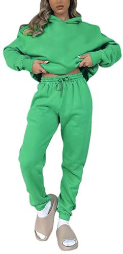 amropi Tuta da Donna Vello Foderato Pullover Felpa con Cappuccio e Pantaloni Jogging Tute Verde, XL