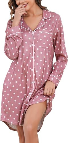 Vlazom Chemise de Nuit Femme à Manches Longues Robe de Nuit Hiver avec Boutons Nuisette Vêtements de Nuit Col en V,Rose à Pois,L