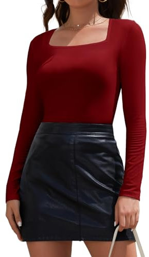 Joyshaper Women Long Sleeve T Shirts Basic Tops Ladies Square Neck Blouses Casual Solid Color Undershirts Wine Red,M