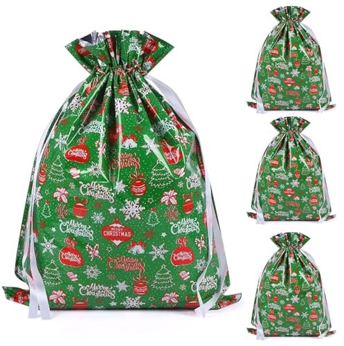 Sacchetti di Natale, 4 pezzi, 43 x 58 cm, sacchetti di grandi dimensioni, sacchetti di Natale verdi con coulisse con fiocco di neve bianco, campana e albero di Natale per feste di Natale