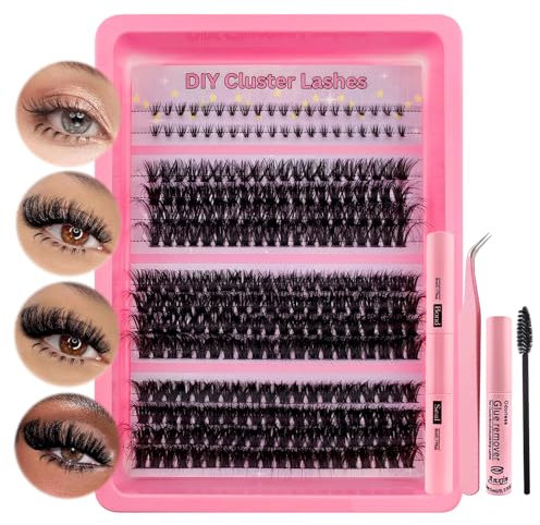 280Pcs Wimpern Extensions Set Fluffy Künstliche Wimpern Cluster Lashes Extension Set Thick Lash Clusters Wimpern Extensions Mit Bond and Seal und Klebereste Entferner, Pinzette(680K-Kit)