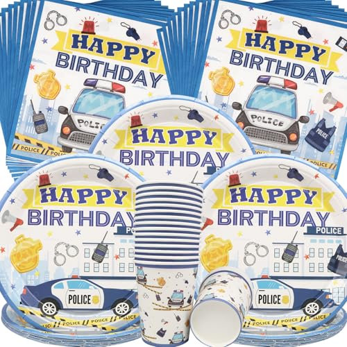 Doyomtoy Polizei Polizeiwagen Partygeschirr,60 Stück Polizisten und Auto-Thema Party Supplies,Geburtstag Partygeschirr Teller,Tasse,Serviette für Junge Kindergeburtstag Partydekorationen der Polizei