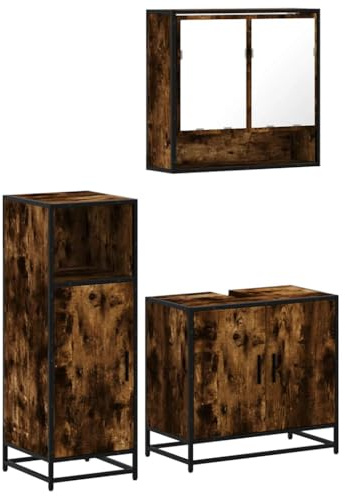 vidaXL 3 piece bathroom furniture set in smoked oak - engineered wood & metal - modern style with ample storage