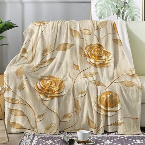 Gold Rose Blanket, Rustic Flower Fleece Throw Blanket for Bed Sofa Couch, Soft Cozy Flannel, 200x200 cm, Decor & Gifts (E271)