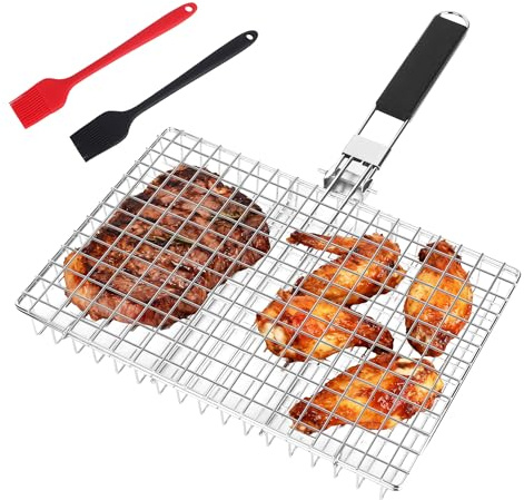 Panier Grille Barbecue en Acier Inoxydable,Grille de barbecue pliable avec 2 brosses en siliconem,Panier de barbecue avec poignée amovible Pour le camping et les grillades,poissons,légumes,crevettes