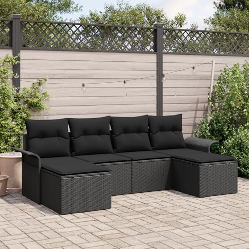 IBUQDDV Garten-Sofa-Set aus 5 Teilen Schwarz Handgewebtes Poly-Rattan Modernes Modulares Design Wetterfest mit Plüschkissen für Terrasse Balkon Outdoor Komfort