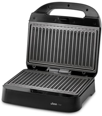 Ufesa Sandwichera Thor Compacta 750W, Placas Grill Antiadherentes, Capacidad 2 Panini, Control Automático Temperatura, Almacenamiento Vertical, Libre de PFOA, Cocina Saludable, Sistema Recogecables