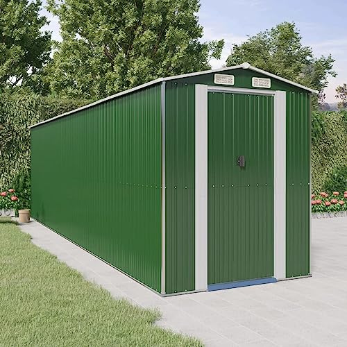 Abri de jardin en acier galvanisé 192 x 689 x 223 cm vert avec double portes coulissantes et ouvertures d'aération pour outils de jardin et accessoires de piscine, abri de jardin durable pour
