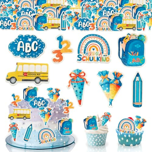 GoldRock Essbare Tortendeko Einschulung Junge, 48 Stk Kuchen Deko Einschulung,Blau Tortendeko Essbar Schulanfang,Zuckertüte ABC Cake Topper Schulkind 2026,Esspapier Schuleinführung Cupcake Muffin Deko