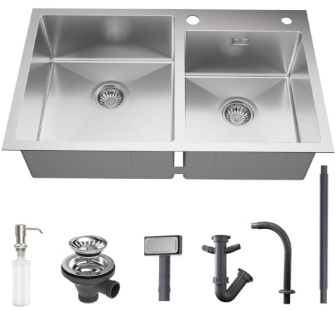 CECIPA Fregadero de cocina 75 cm x 45 cm, fregadero de cocina de acero inoxidable para armarios inferiores de 80 cm de ancho, fregadero con dispensador de jabón, desagüe y rebosadero, fregadero de