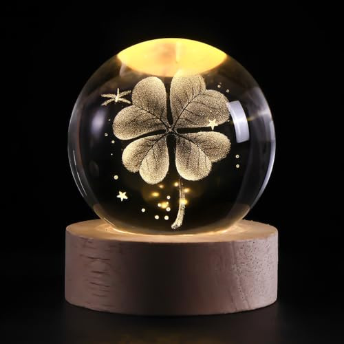 Litinliv 3D Kristallkugel Nachtlicht 60mm mit Holzsockel, Vierblättriges Kleeblatt Glücksbringer Deko für Wohnzimmer & Schlafzimmer, Geburtstagsgeschenk für Frauen