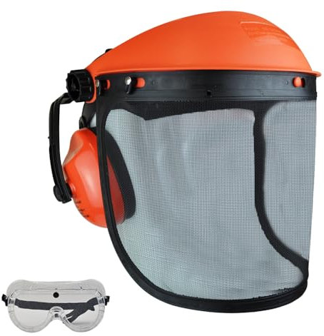 RocwooD Peaked Face Shield With Ear Muffs Defenders & Mesh Visor For Brushcutter Users Free Goggles