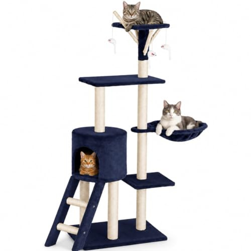 BAKAJI Arbre à Chat, 144 cm Arbre à Chat Griffoir, Tour d'escalade Stable à Plusieurs Niveaux pour Chat, Arbres d'activité pour Chat avec 7 poteaux en sisal, 5 Plates-Formes, 2 nids et escaliers,Bleu
