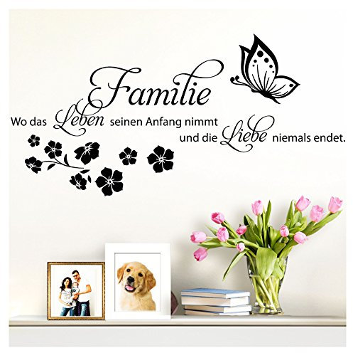 Grandora W5448 Wandtattoo Spruch Familie ist wo Leben beginnt I schwarz (BxH) 135 x 70 cm I Wohnzimmer Flur Aufkleber Wandaufkleber Wandsticker