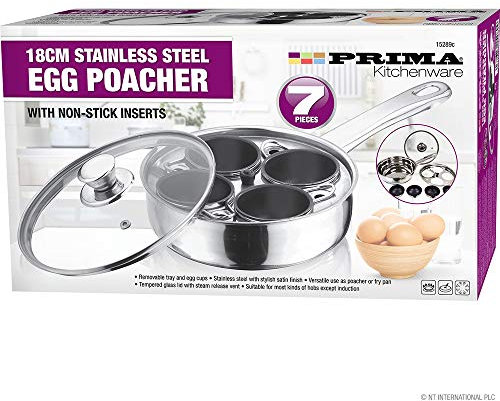 7Pc Stainless Steel Egg Poacher Pan - 4 Hole Cup, Poach Saucepan | Frying Pot With Glass Lid, Non Stick, See Through | Transparent Vented Glass Lid | Egg Maker, Cooker