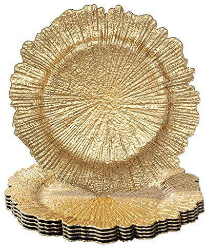 MAONAME Runde 33 cm goldene Platzteller, 6er-Set, Riff-Teller-Ladegeräte für Speiseteller, Kunststoff-Tischladegeräte für Hochzeit, Erntedankfest, Weihnachten