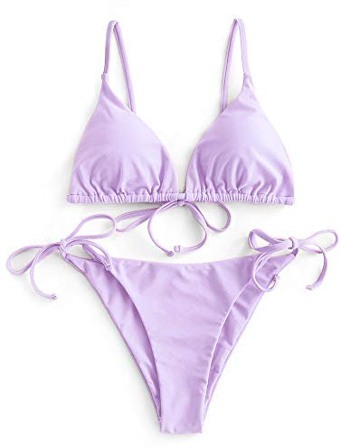 ZAFUL Damen Gepolstert Bikini Set, Einfarbig Bikini Badeanzug mit Dreieck Cup Spaghetti-Träger (Violett, M)