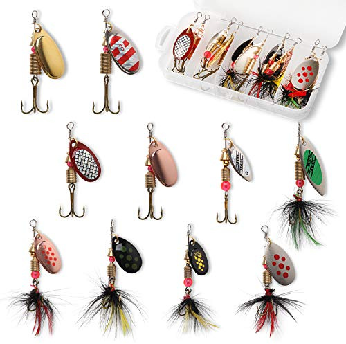 10 Stück Angelköder Spinnerbait, Barsch Forellen Lachs Hartmetall Spinner Köder Kit mit Angelboxen