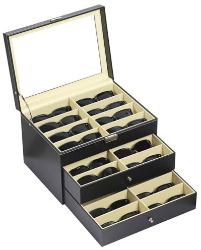 AUTOARK Scatola per Occhiali da Sole in Pelle,24 Pezzi,con Cassetto,con Serratura,Vetro Trasparente,Nero,AW-095