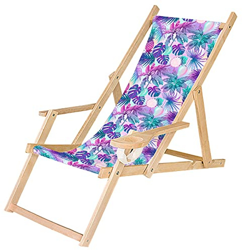 Ferocity Holz-Liegestuhl Klappbar Klappliegestuhl mit Armlehne und Getränkehalter Strandstuhl Motiv Palmen Magenta-Türkis [119]