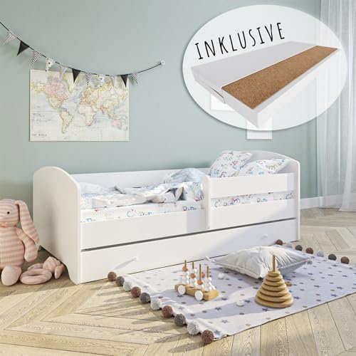 Kids Collective Kinderbett 70x140 cm mit Matratze und Schublade, Rausfallschutz & Lattenrost in weiß Skandi | von Geburt bis 6. Lebensjahr