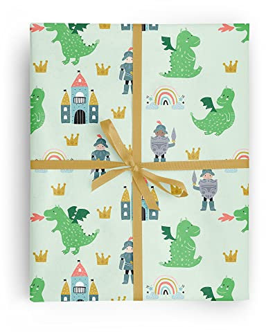 Revel Geschenkpapier, Motiv Ritter und Drachen, gefaltet, 68,6 x 99,1 cm