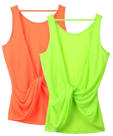 icyzone Damen Sport Tank Top Rückenfrei, Fitness Yoga Shirt Ärmellose Gym Sport Oberteil, 2er Pack (L, Neon Orange*/Neon Green*)