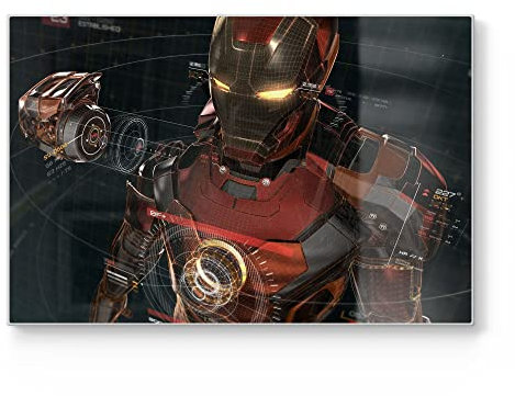 DEQORI Schneidebrett aus Glas | groß 30x20 cm | Motiv Legendäre Iron Man Anzug | Design Schneideplatte für Küche | Frühstücksbrett antibakteriell & rutschfest | Glasplatte & Servierplatte