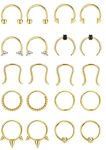 Milacolato 20Pcs 16G Nasenring Reifen Scharnier Septum Ringe Set Chirurgischer CZ Opal Knorpel Daith Reifen Ohrringe Helix Piercing Schmuck Nase Piercing Nasenringe Gold