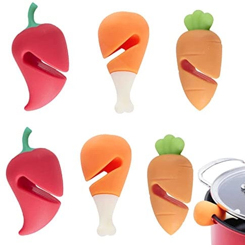 6Pcs Silicone Spill Stopper - Heat Resistant Lid Lifter for Soup Pot, Keep Lid Open, Reduce Spills - Carrot, Pepper, Chicken Leg