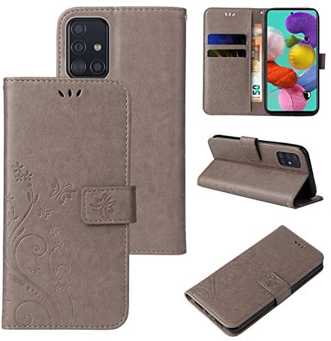 LBH Handy Hülle für Samsung Galaxy A51 Case Handytasche Schmetterling Blumen Flower Standfunktion Schutzhülle Magnet Rundum Schutz 360 Grad Flipcase Cover Grau
