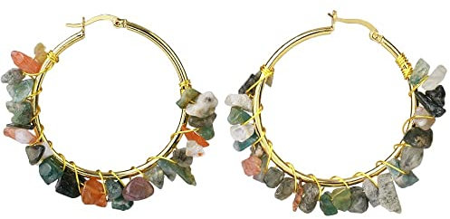 LODMLOER Naturstein-Creolen Für Damen – Luxuriöse Goldfarbene Wire-Wrap-Chip-Perlen, Rosenquarz, Amethyst, Tigerauge, Grüner Aventurin, Schwarzer Onyx, Kristallohrringe, Modeschmuck, Indischer Achat