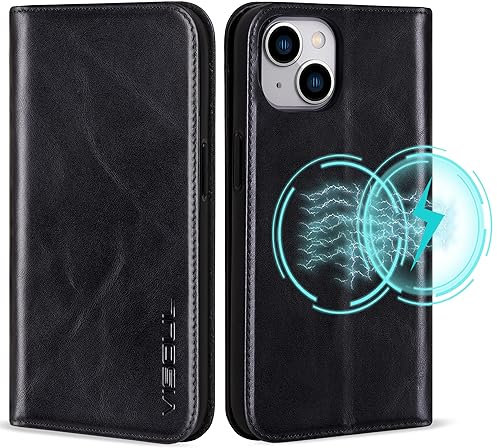 VISOUL Hülle für iPhone 15, Schutzhülle Echt Leder Schützt vor Stoß Kartenfach Magnetverschluss Stand klappbar handyhülle Handytasche Etui Case Schwarz