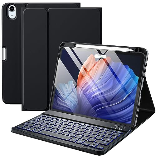 Vobafe Hülle mit Tastatur für iPad Air 11 Zoll 2025 2024 M3 M2/iPad Air 5 4 2022 2020 10,9 Zoll, 7 Farben Beleuchtete mit Abnehmbare Tastatur, TPU Rückschale mit Stifthalter, QWERTZ Layout, Schwarz