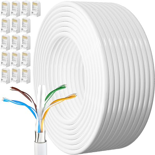 Cavo Ethernet 80 Metri, Bobina Cat 6 Cavo Lan 80m Lungo per Esterno Resistente alle Intemperie Cavo di Rete FTP 23AWG Schermato Gigabit Anti-jamming Cavo Internet Bianco