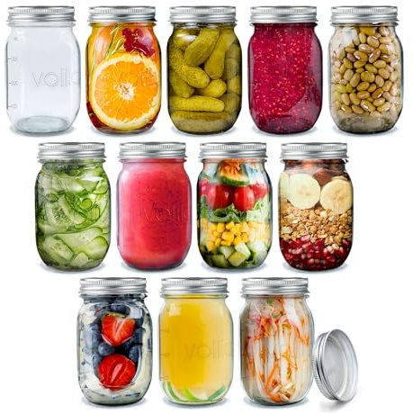 Volila Tarros De Cristal - 490ml Mason Jars Frascos De Vidrio Con Tapa - Pack de 12 - Botes Cristal Pequeños para Avena Nocturna y Mermelada Casera