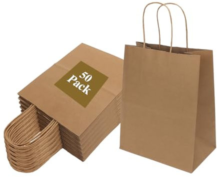 Joybe Lot de 50 sacs cadeaux en papier kraft de taille moyenne avec poignées, pour fête d'anniversaire, courses, magasinage, loisirs créatifs (marron uni, 20,3 x 12,9 x 25,4 cm)