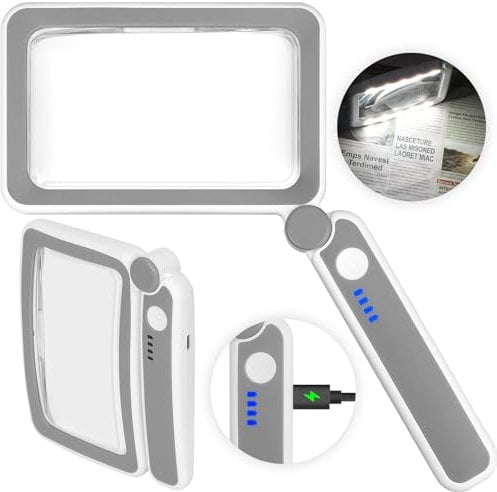 Wiederaufladbares 4-faches Vergrößerungsglas zum Lesen - Handliches Seitenvergrößerungsglas mit Licht für Sehbehinderte Senioren - Leichtgewichtige LED-Lupe zum Lesen/Zeitungen/Kleingedrucktem