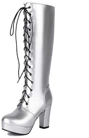 Lroey Reoly Donna Tacco Chunky Stivali Alti, Stivali da Festa Punta Rotonda Tacco Alto Stivali Alti Zip con Plateau, L10510Ag Argento Numero 40 EU