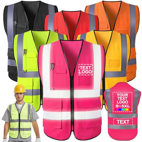 Personalisierte Sicherheitsweste mit Logo-/Namendruck, 5 Taschen, hohe Sichtbarkeit reflektierend, Rosa, M