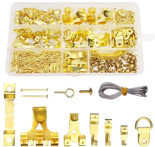 Avesteir 250 Pezzi Oro attaccaglie per quadri pesanti, picture hanging tool, ganci i dietro quadro, gancetti dentati in metallo con Anelli a D, Chiodi, Occhi a Vite, viti per gancio per dente di sega