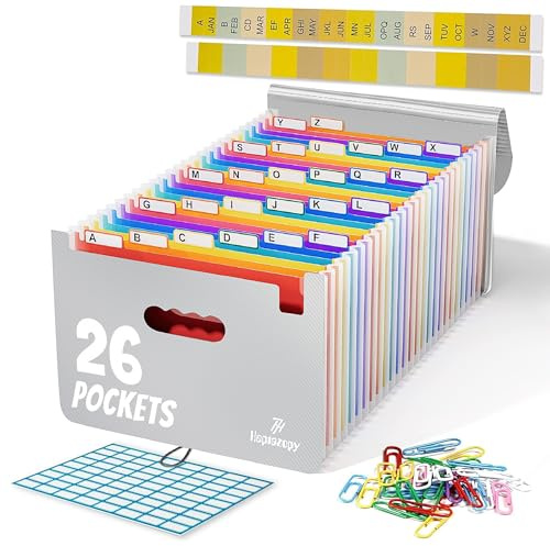Heptazopy File Organiser, 26 Folders for Paperwork A4, 34 x 25 x 4 cm Document Organiser Quality PP, Flap & Elastic Cord Closure Comes with Labels, Tags & Sticker Card (Grey (26 Pockets))