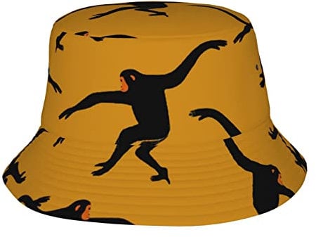 LAMAME Fischerhut mit Palmen-Sonnenuntergang, bedruckt, Outdoor, Fischerhut, Strand, Sonnenhut, lässige Kopfbedeckung, Schwarzer Gibbon Affe, 5-7