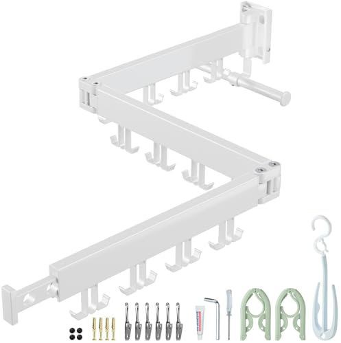 Wall Mounted Clothes Drying Rack, Space Saving,Triple Foldable, Retractable Clothes Airer with Extension Pole, Aluminium Clothes Dryer Rack with 24 Hooks, For Balcony, Laundry(White-Double Hook)